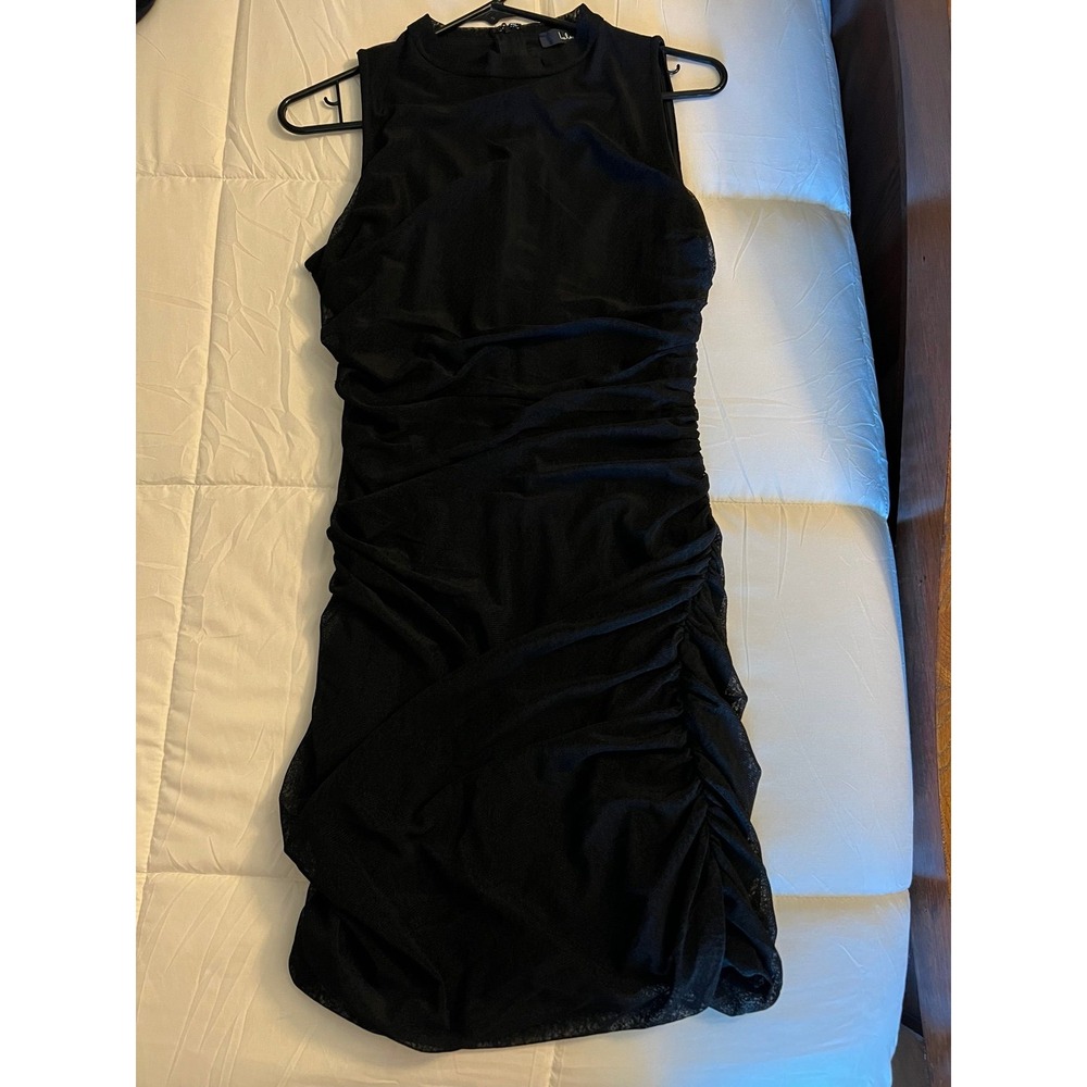 Lulus Black Mesh Ruched Mock Neck Mini Dress size L ( Body Con)